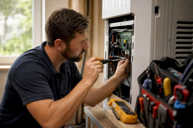 Technician adjusting inverter AC wiring