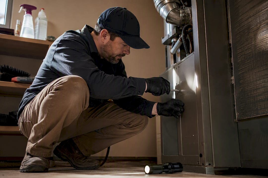 Technician performing seasonal HVAC maintenance