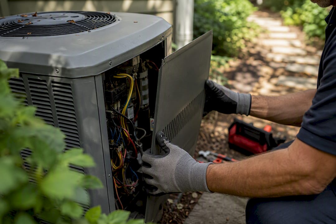 Technician opening AC condenser service panel