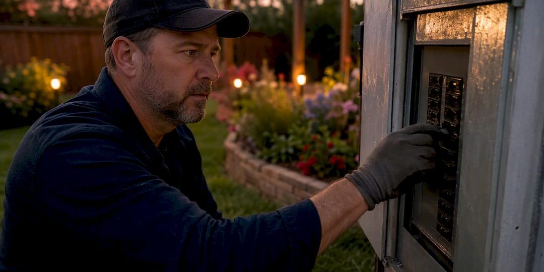 Electrician flipping residential AC breaker switch
