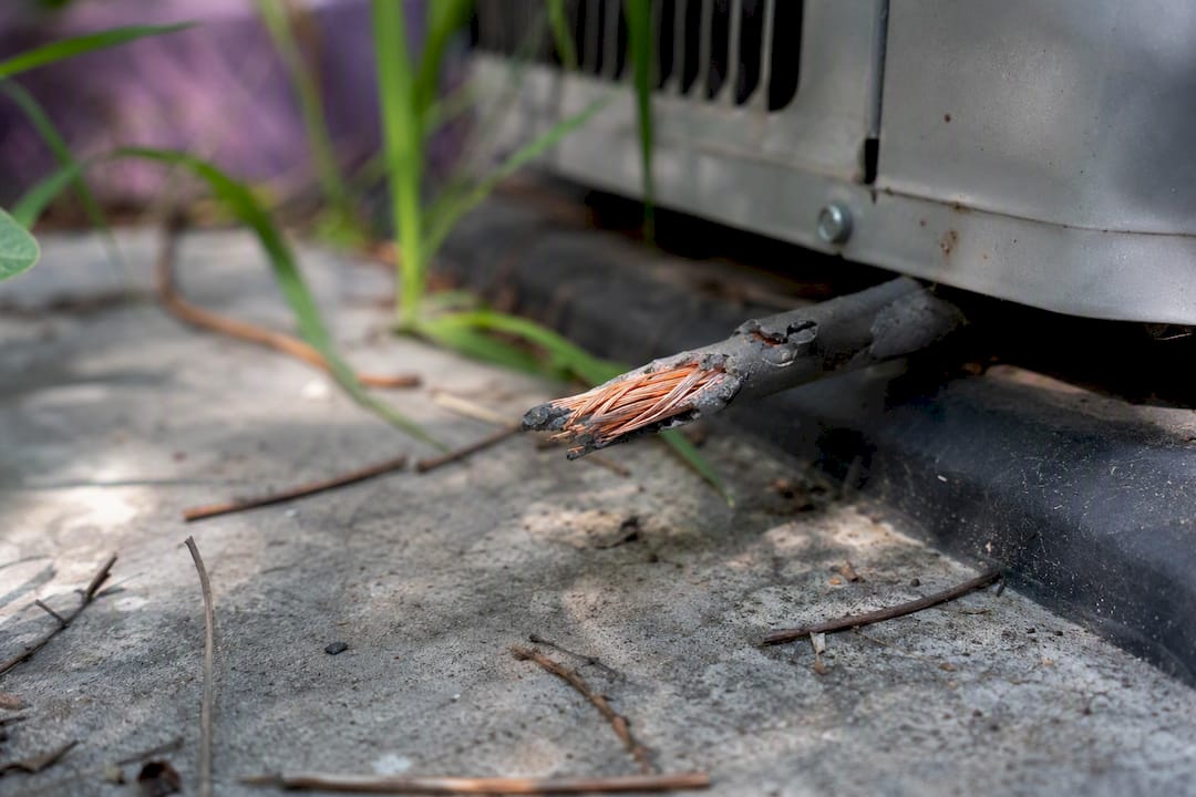 Rodent damaged electrical wire near AC condenser