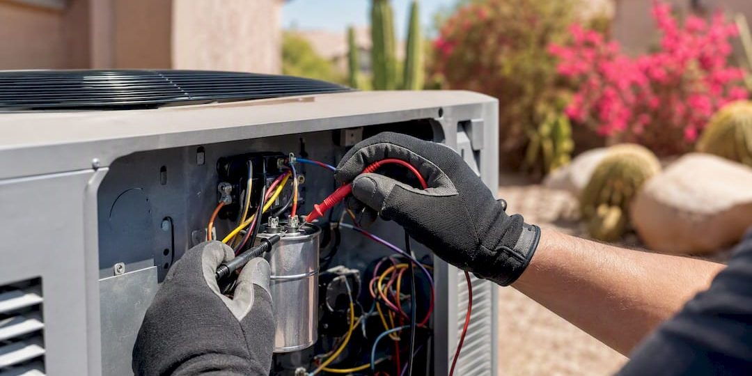 1787877463831_Technician-testing-AC-capacitor-in-outdoor-unit Technician testing AC capacitor in outdoor unit