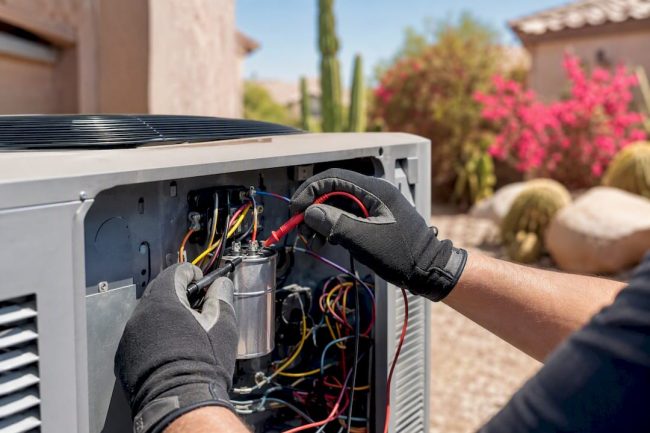 Technician testing AC capacitor in outdoor unit