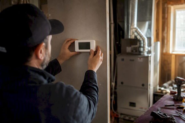 Hands adjusting thermostat with blower motor background