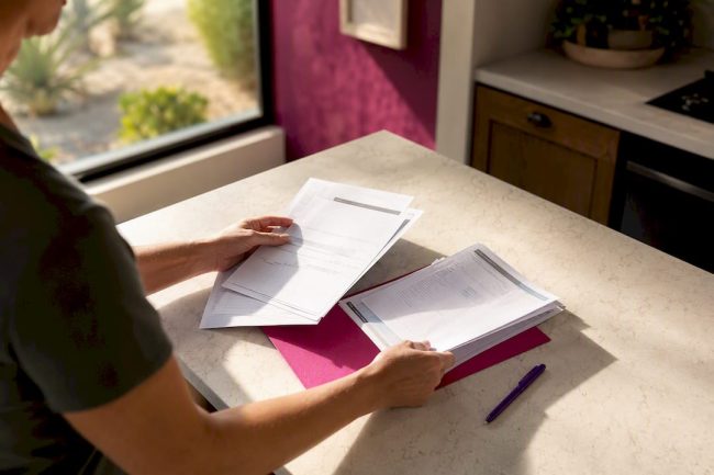 Homeowner organizing HVAC rebate paperwork