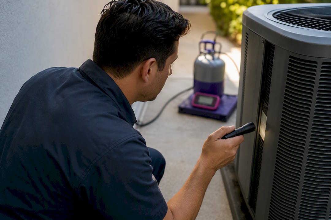 Technician inspecting AC equipment data plate