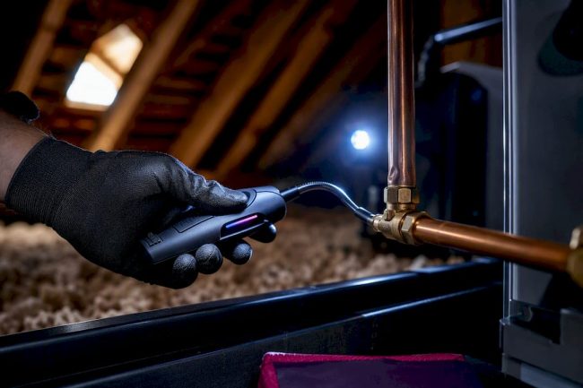 Technician scanning an AC refrigerant line