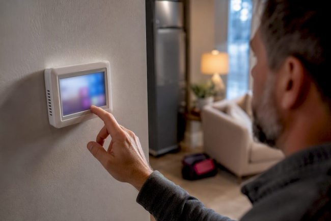 Homeowner checking a heat pump thermostat