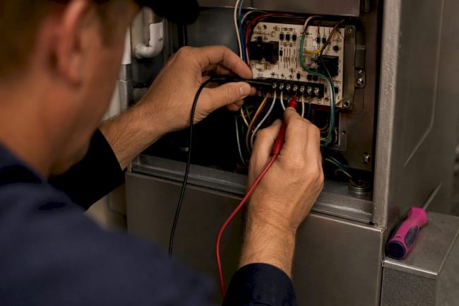 Technician testing HVAC control board voltage