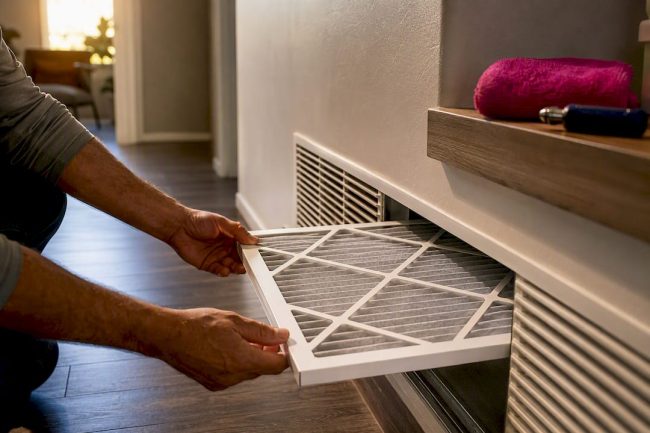 Homeowner replacing an HVAC air filter