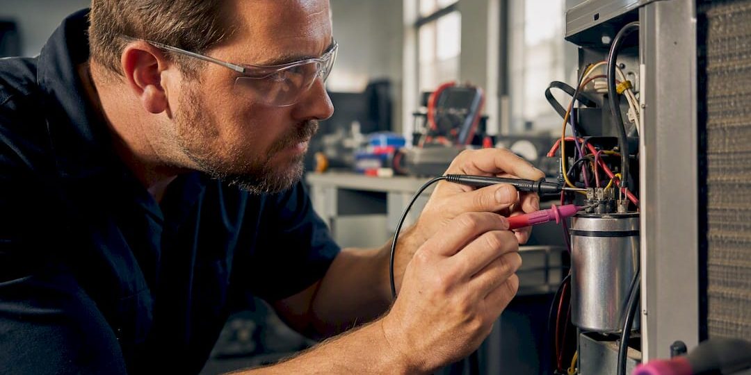 Technician diagnosing HVAC equipment in training