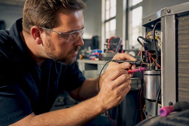 Technician diagnosing HVAC equipment in training