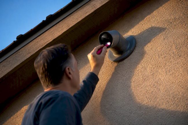 Homeowner inspecting exterior furnace flue