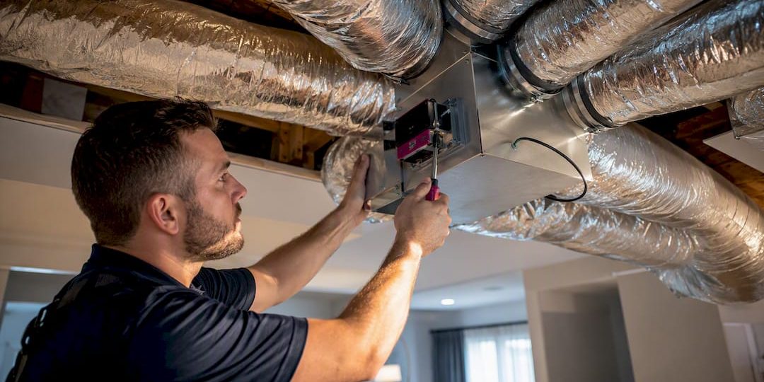 Technician adjusting HVAC zoning damper