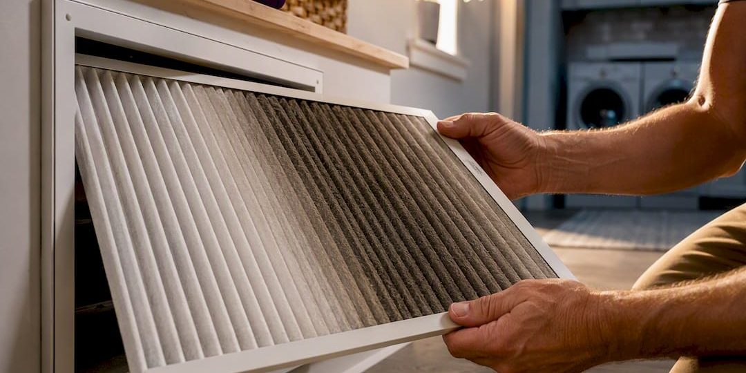 Homeowner inspecting a visibly loaded AC filter