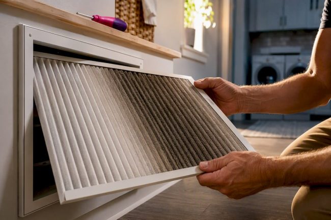 Homeowner inspecting a visibly loaded AC filter