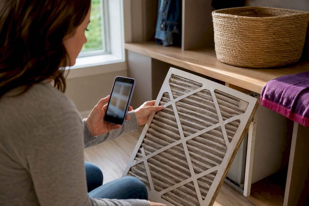 Homeowner photographing an AC filter for comparison