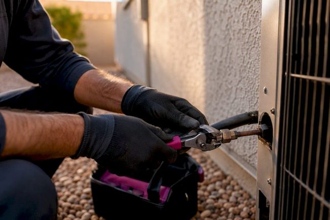 Technician disconnecting old AC equipment