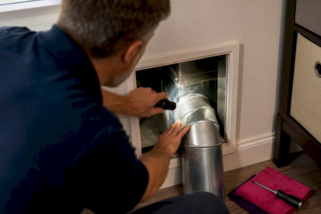 Technician inspecting residential ductwork