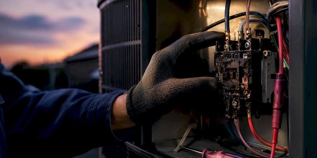 Technician inspecting a damaged AC contactor