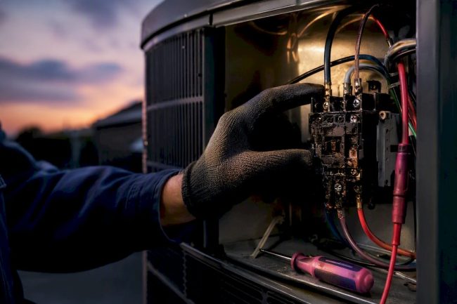 Technician inspecting a damaged AC contactor