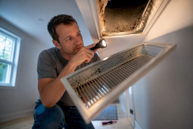 Homeowner inspecting suspected mold at air register