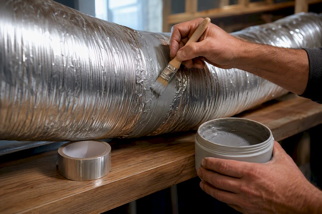 Hands sealing an exposed duct joint