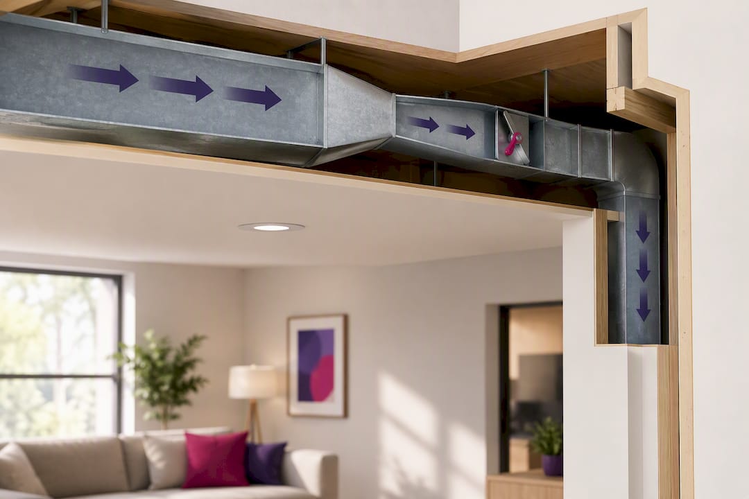 Cutaway showing hidden duct damper and ductwork