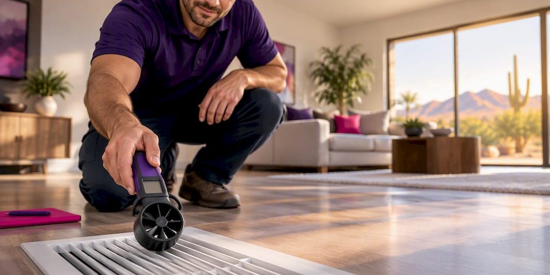 Technician measuring airflow from ceiling register
