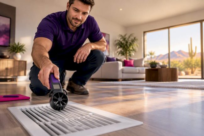 Technician measuring airflow from ceiling register