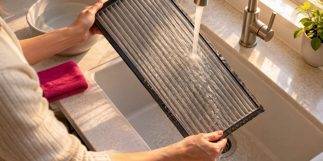 1789971015075_Homeowner-rinsing-reusable-electrostatic-filter Homeowner rinsing reusable electrostatic filter