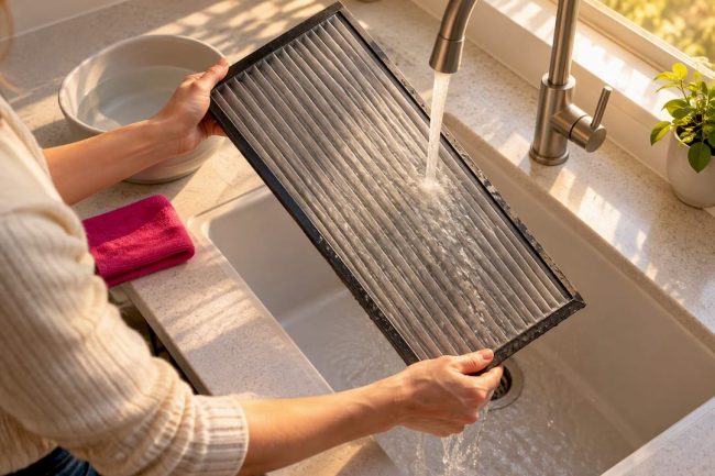 Homeowner rinsing reusable electrostatic filter