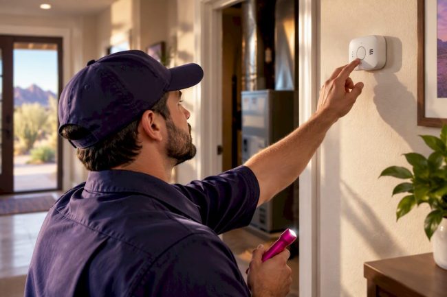 Technician checking a carbon monoxide alarm