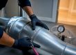 Technician inspecting duct joint with pressure gauge