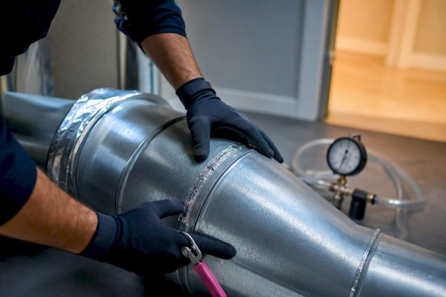 Technician inspecting duct joint with pressure gauge