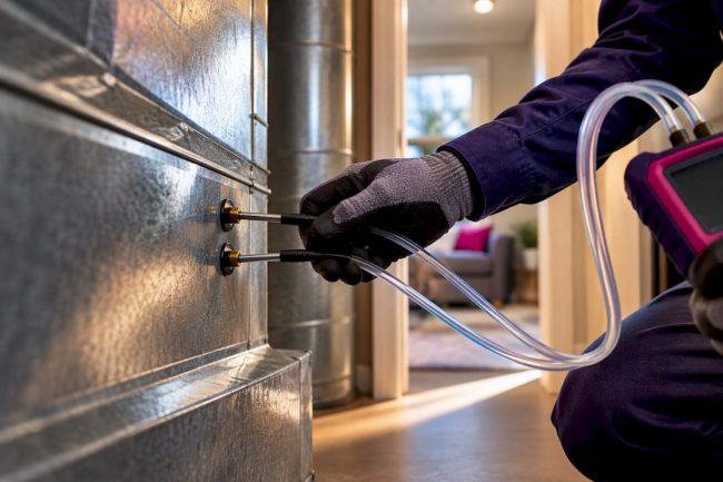 Technician measuring duct static pressure