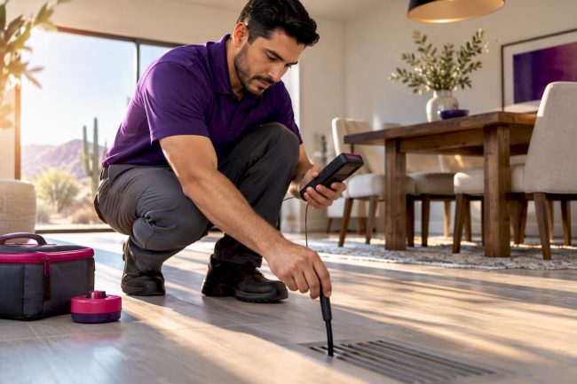 Technician measuring airflow at floor register