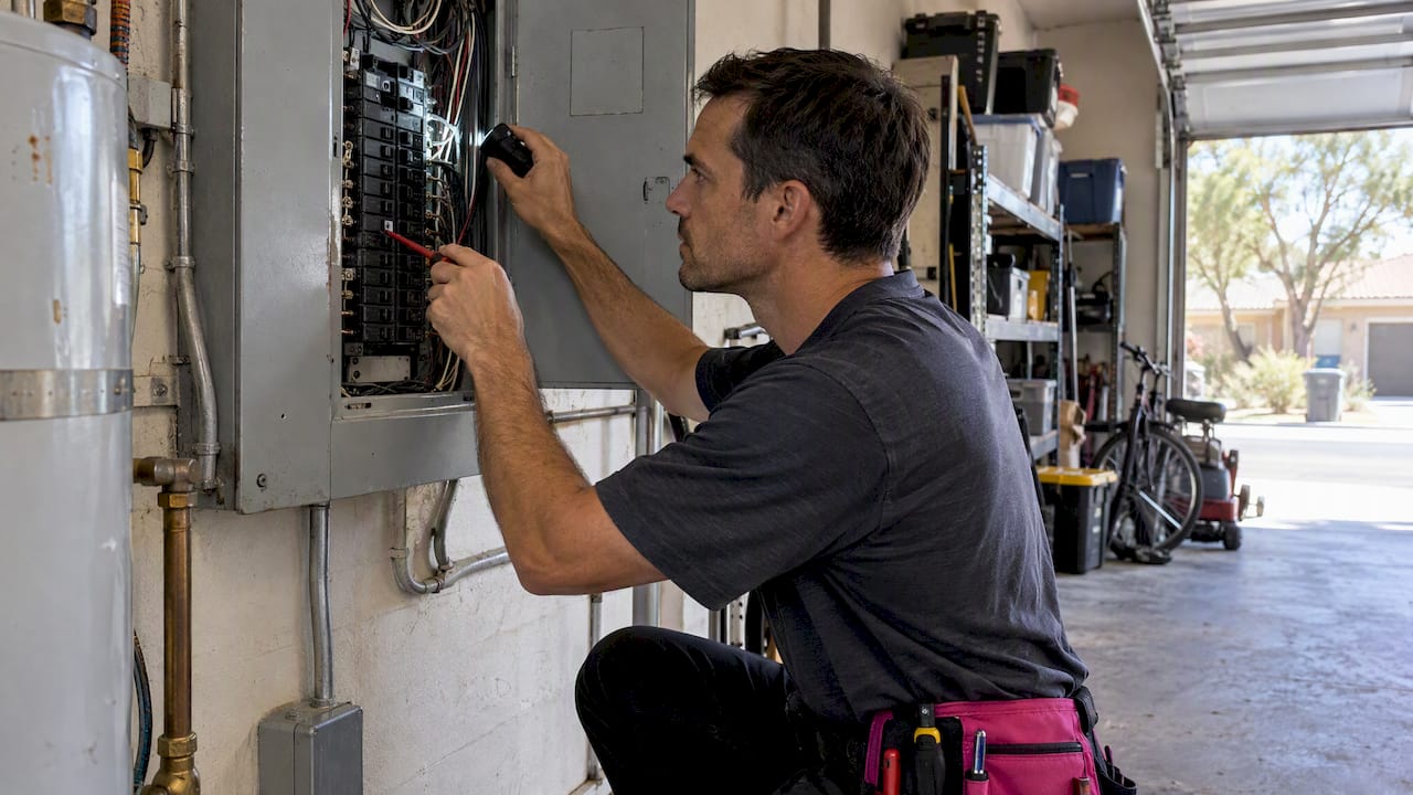 Technician inspecting garage electrical panel capacity