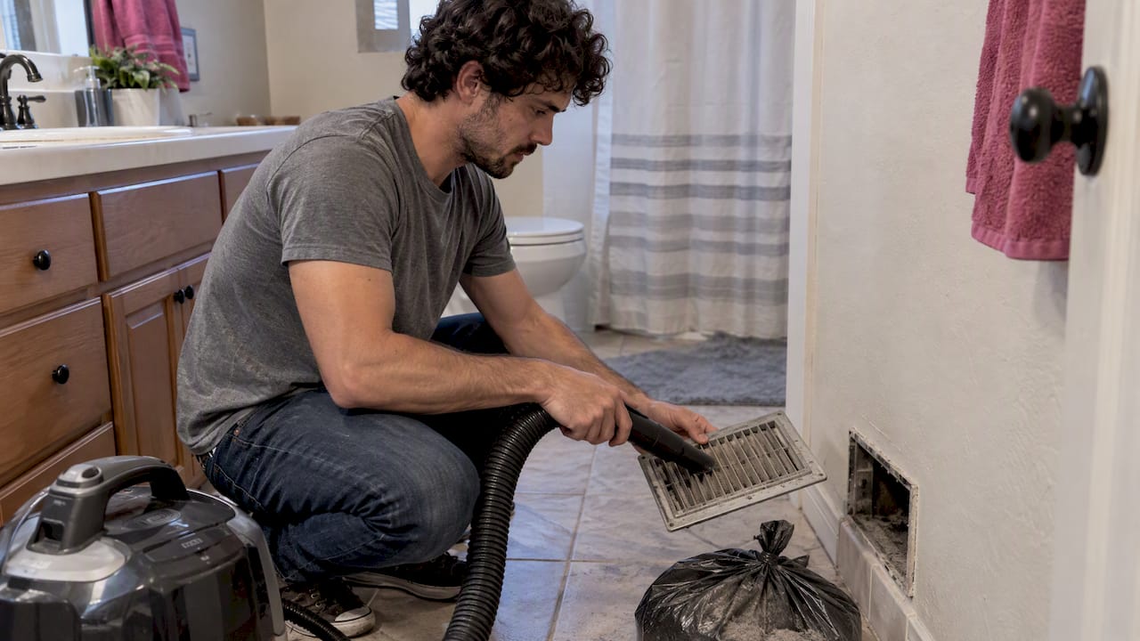 Homeowner vacuuming dust from HVAC register
