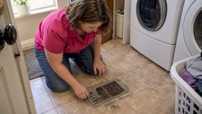 Homeowner inspecting dust around floor vent