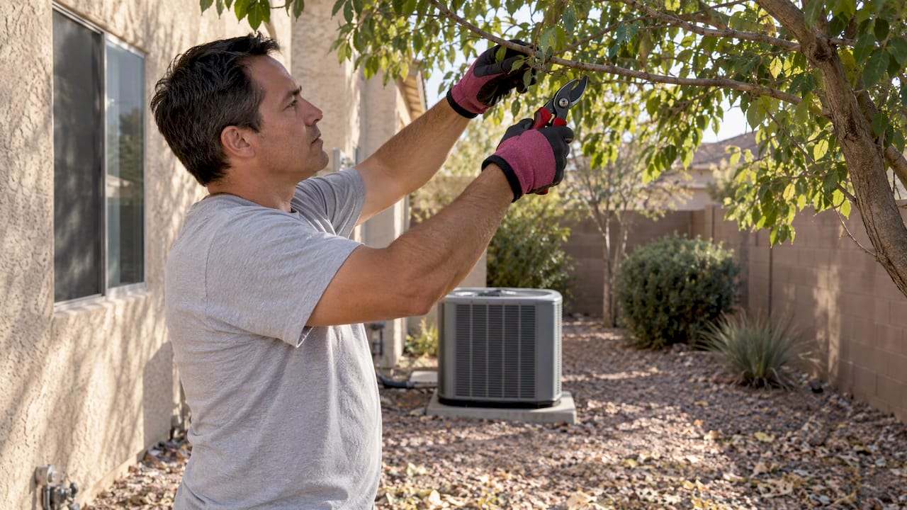 Homeowner pruning branches near AC condenser
