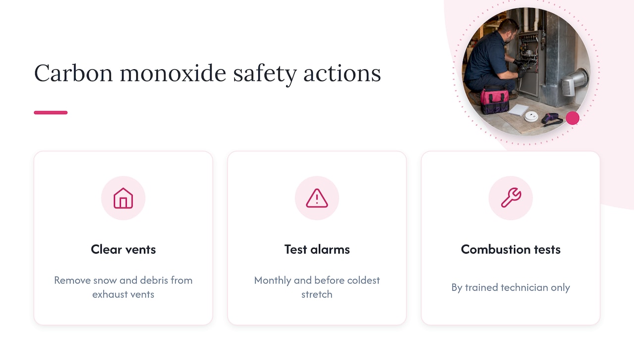 Carbon monoxide alarm, vent, and technician checks