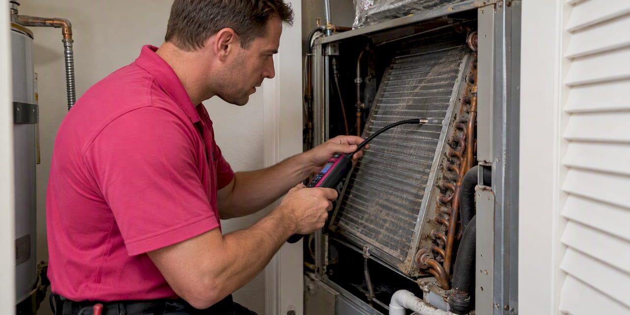 1791441558641_Technician-checking-an-exposed-evaporator-coil Technician checking an exposed evaporator coil