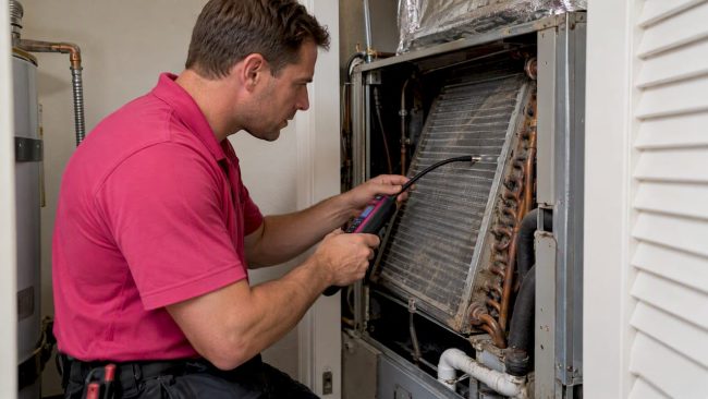 Technician checking an exposed evaporator coil