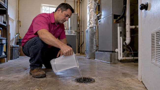 Homeowner refilling a mechanical-room floor drain