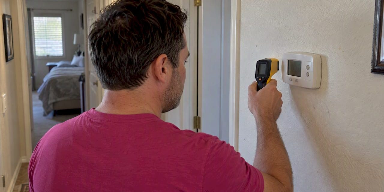 1791612537804_Homeowner-comparing-thermostat-and-thermometer-readings Homeowner comparing thermostat and thermometer readings