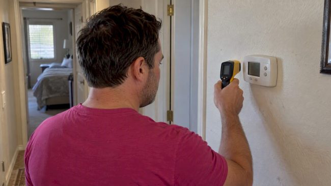 Homeowner comparing thermostat and thermometer readings