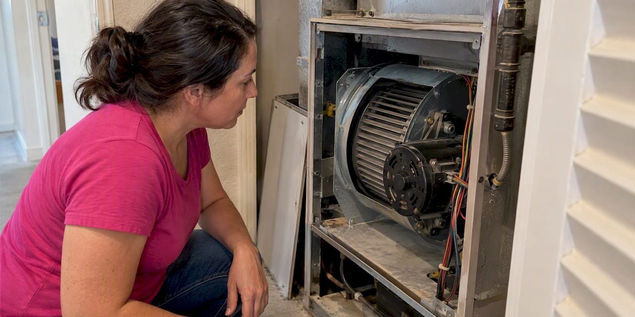 1791698924709_Homeowner-visually-checks-furnace-blower-motor Homeowner visually checks furnace blower motor
