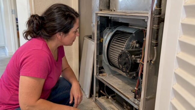 Homeowner visually checks furnace blower motor