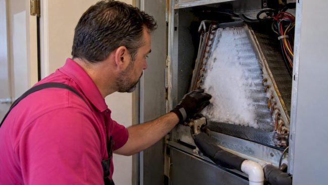 Technician inspecting an iced air conditioner coil
